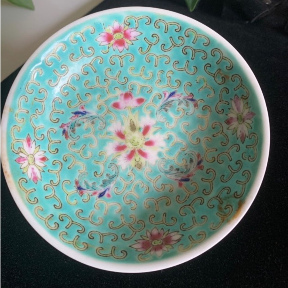 Vintage Famille Rose Turquoise Trinket Dish